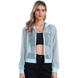 Hoodie Jacket Zip Up Long Sleeve Mesh Sheer Bomber Jackets Light Blue